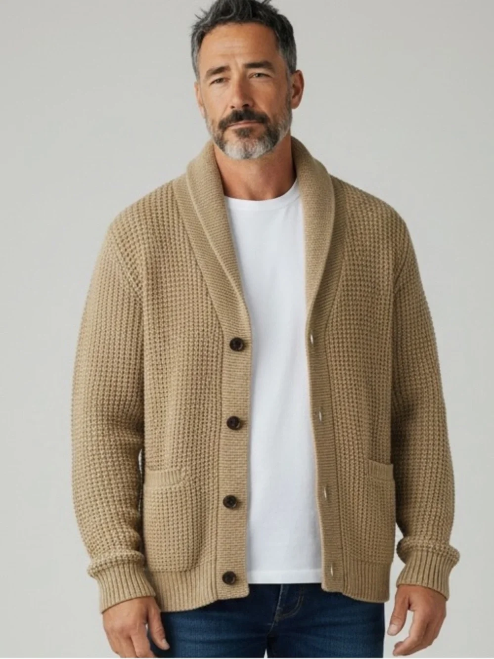 L.L BEAN MENS SZ LARGE SHAW COLLAR CARDIGAN SWEATER SZ LARGE ORGANIC COTTON